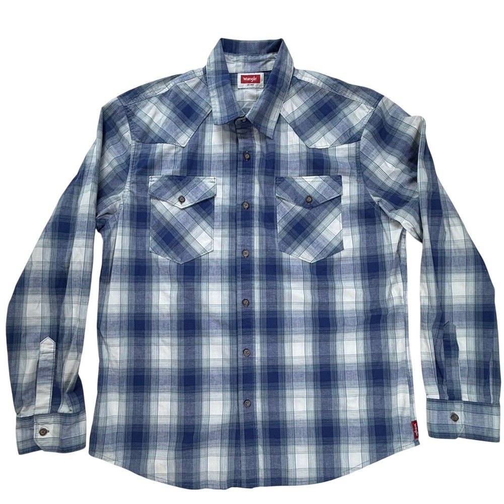 Wrangler Mens Blue‎ White Plaid Western Snap Shirt Long Sleeve Large 112330909